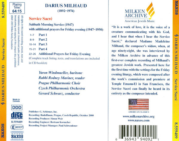 Darius Milhaud, The Czech Philharmonic Orchestra, Gerard Schwarz : Service Sacré (CD, Album)