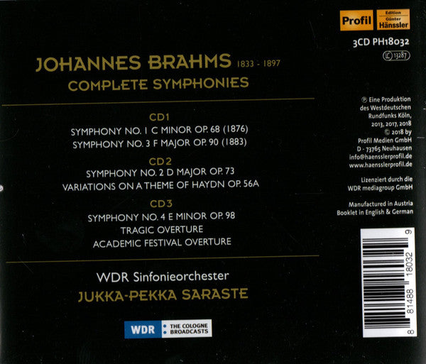 Johannes Brahms, Jukka-Pekka Saraste, WDR Sinfonieorchester Köln : Symphonies 1-4 Haydn Variations Ouvertures (3xCD)