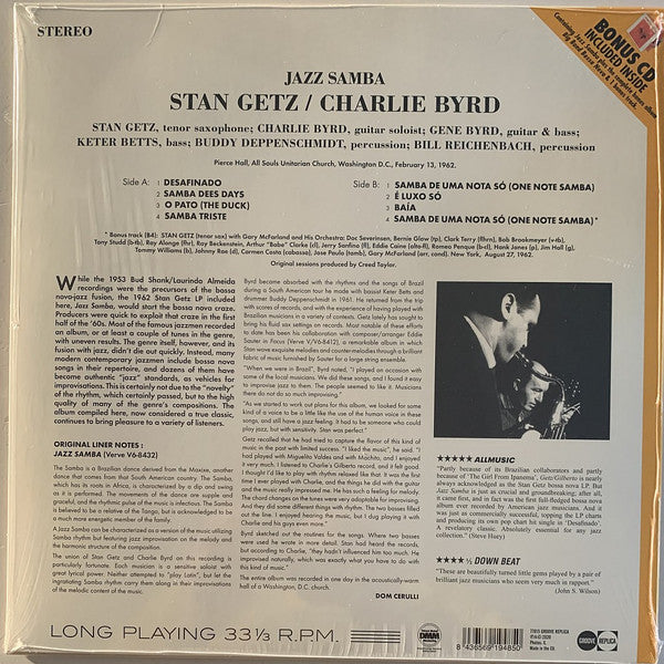 Stan Getz, Charlie Byrd : Jazz Samba (LP, Album, RE + CD, Album, RE)