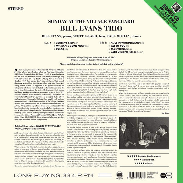 The Bill Evans Trio : Sunday At The Village Vanguard (LP, Album, RE, Unofficial + CD, Album, RE)