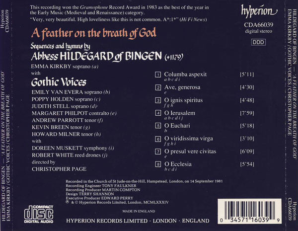 Hildegard Von Bingen, Gothic Voices (2) With Emma Kirkby Directed By Christopher Page : A Feather On The Breath Of God (CD, Album, RE)