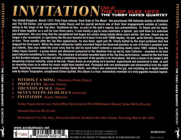Tubby Hayes Quartet : Invitation: Live At The Top Alex 1973 (CD, Album)