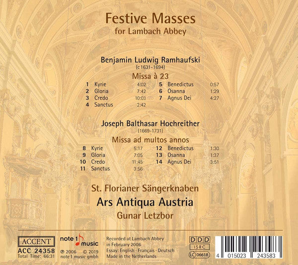 Benjamin Ludwig Ramhaufski, Joseph Balthasar Hochreither - St. Florianer Sängerknaben, Ars Antiqua Austria, Gunar Letzbor : Festive Masses For Lambach Abbey (CD, Album, RE)