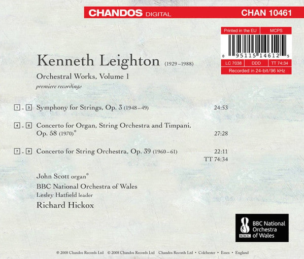 Kenneth Leighton, John Scott (10), BBC National Orchestra Of Wales, Richard Hickox : Orchestral Works, Volume 1 (CD)
