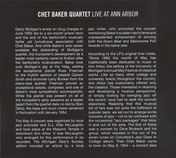 Chet Baker : Live At Ann Arbor (CD, Album, RM, Dig)