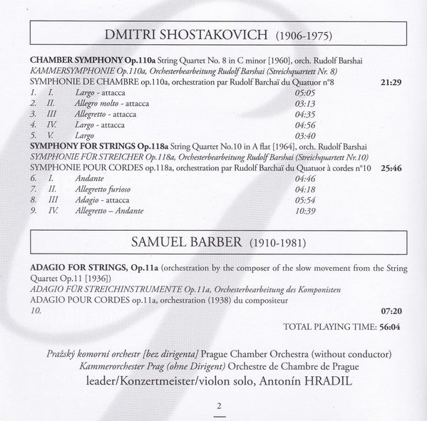 Dmitri Shostakovich / Samuel Barber – Prague Chamber Orchestra, Antonín Hradil : Chamber Symphony Op.110a / Symphony For Strings Op.118a / Adagio For Strings (SACD, Hybrid, Multichannel)