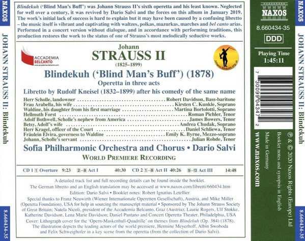 Johann Strauss Jr. - Robert Davidson (9), Kirsten C. Kunkle, Martina Bortolotti, Roman Pichler, James Bowers (8), Andrea Chudak, Daniel Schliewa, Emily K. Byrne (2), Julian Rohde, Sofia Philharmonic Orchestra And Sofia Philharmonic Chorus, Dario Salvi : Blindekuh (2xCD, Album)