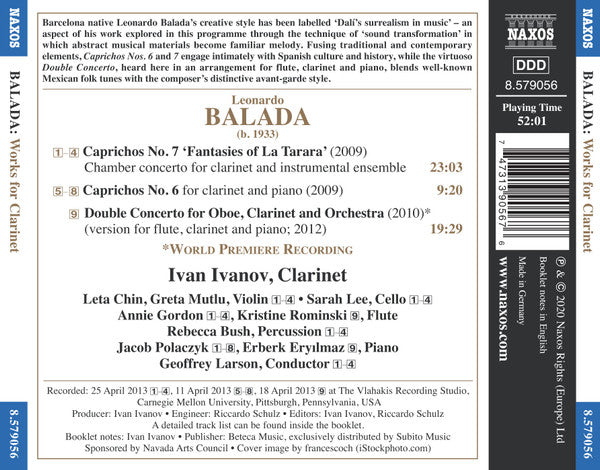 Leonardo Balada, Ivan Ivanov (6), Leta Chin, Greta Mutlu, Sarah Lee (10), Annie Gordon (2), Kristine Rominski, Rebecca Bush, Jakub Polaczyk, Erberk Eryilmaz, Geoffrey Larson : Works For Clarinet (CD, Album)