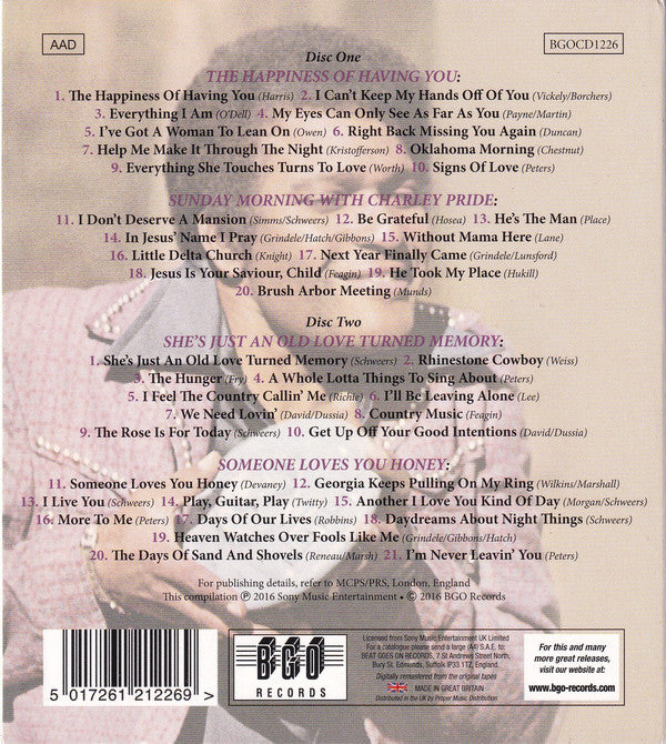 Charley Pride : The Happiness Of Having You / Sunday Morning With Charley Pride / She's Just An Old Love Turned Memory / Someone Loves You Honey (2xCD, Comp)
