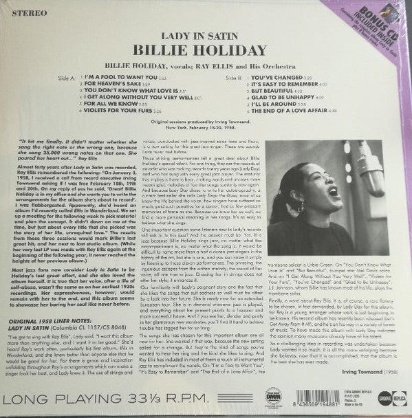 Billie Holiday With Ray Ellis And His Orchestra : Lady In Satin (LP, Album, RE, RM + CD, Album, RE, RM)