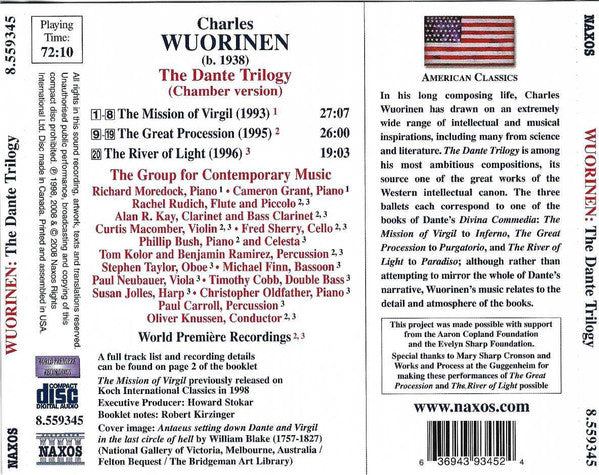 Charles Wuorinen, The Group For Contemporary Music : The Dante Trilogy (Chamber Version) / The Mission Of Virgil / The Great Procession / The River Of Light (CD, Comp)