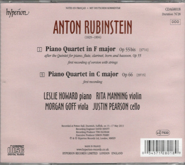 Anton Rubinstein - Leslie Howard, Rita Manning, Morgan Goff, Justin Pearson : Piano Quartets (CD)