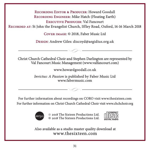 Howard Goodall, The Choir Of Christ Church Cathedral, The Sixteen, The Lanyer Ensemble, Stephen Darlington : Invictus: A Passion (CD, Album)