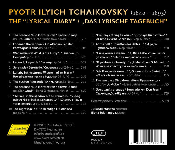 Pyotr Ilyich Tchaikovsky, Julia Sukmanova, Elena Sukmanova : Lyrical Diary (CD, Album)