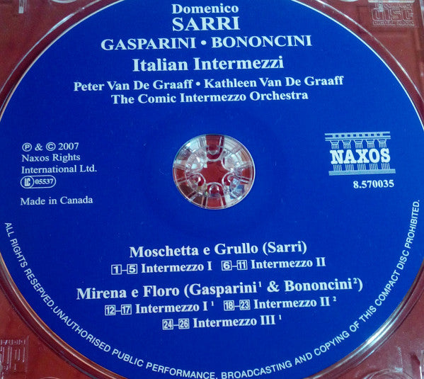 Domenico Natale Sarri, Francesco Gasparini, Giovanni Bononcini, Peter Van De Graaff, Kathleen Van De Graaff, The Comic Intermezzo Orchestra : Italian Intermezzi (CD)