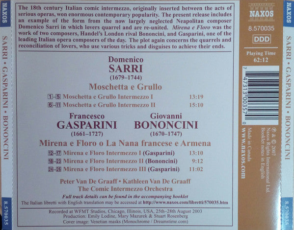 Domenico Natale Sarri, Francesco Gasparini, Giovanni Bononcini, Peter Van De Graaff, Kathleen Van De Graaff, The Comic Intermezzo Orchestra : Italian Intermezzi (CD)