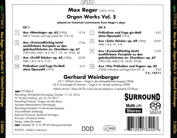 Max Reger, Gerhard Weinberger : Organ Works Vol. 5 (2xSACD, Hybrid, Multichannel, Album)