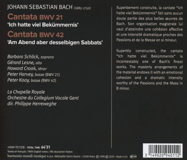 Johann Sebastian Bach - La Chapelle Royale, Collegium Vocale, Philippe Herreweghe : Ich Hatte Viel Bekümmernis - Cantatas BWV 21, 42 (CD, Album, RE)