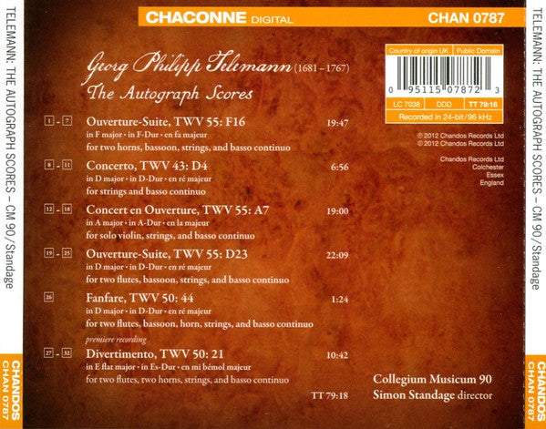 Georg Philipp Telemann, Collegium Musicum 90, Simon Standage : The Autograph Scores (CD, Album)