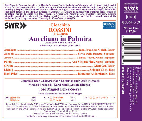 Gioacchino Rossini, Juan Francisco Gatell, Silvia Dalla Benetta, Marina Viotti, Ana Victória Pitts, Camerata Bach Choir, Poznań, Virtuosi Brunensis, José Miguel Pérez-Sierra : Aureliano in Palmira (3xCD, Album)