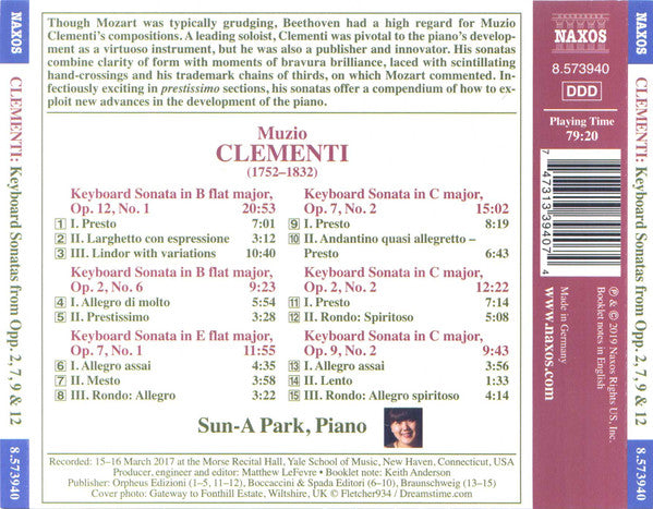 Muzio Clementi, Sun-A Park : Keyboard Sonatas from Opp. 2, 7, 9 & 12 (CD, Album)