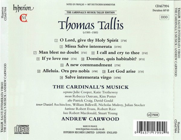 Thomas Tallis - The Cardinall's Musick, Andrew Carwood : Salve Intemerata (CD, Album)