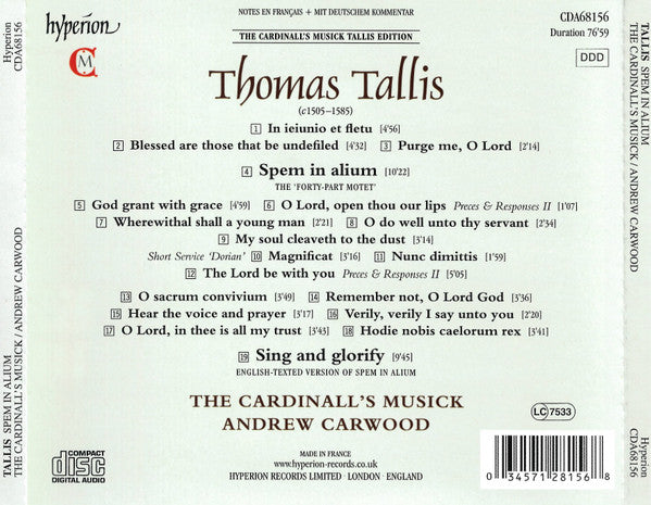 Thomas Tallis - The Cardinall's Musick, Andrew Carwood : Spem In Alium (CD, Album)