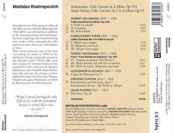 Mstislav Rostropovich, Robert Schumann, Camille Saint-Saëns : Schumann: Cello Concerto in A Minor Op. 129 / Saint-Saëns: Cello Concerto No. 1 in A Minor Op. 33 (CD, Album, Ltd, RM)