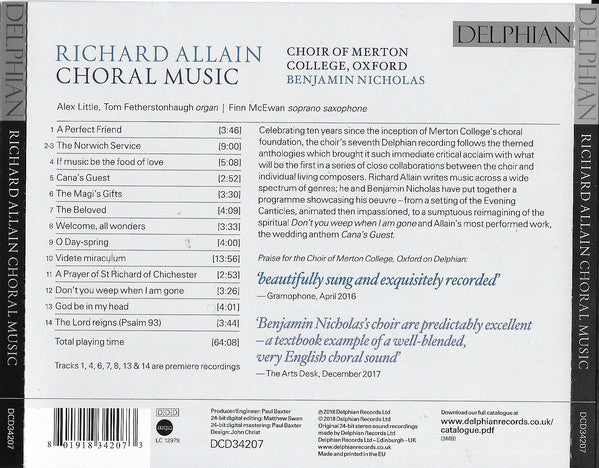 Richard Allain, Choir Of Merton College, Oxford, Benjamin Nicholas : Choral Music (CD, Album)