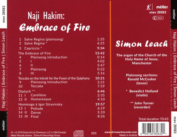 Naji Hakim, Simon Leach (3) With Benedict Holland | John Turner (5) | Ranald McCusker : Embrace Of Fire: Music For Organ By Naji Hakim (CD, Album)