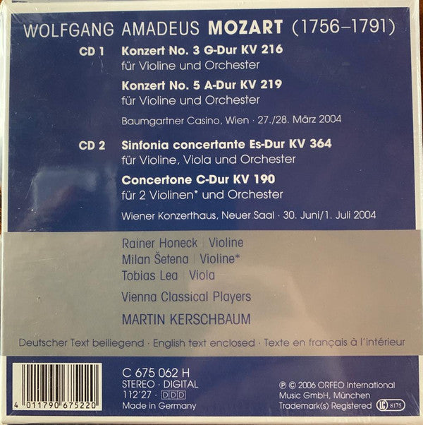 Wolfgang Amadeus Mozart - Rainer Honeck, Vienna Classical Players, Martin Kerschbaum : Solokonzerte Für Violin Und Orchester (2xCD)