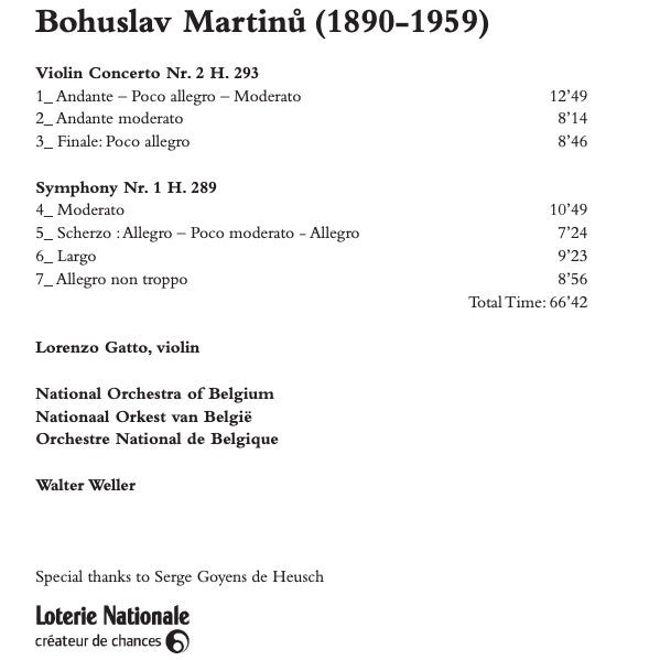 Bohuslav Martinů, Lorenzo Gatto, Belgian National Orchestra, Walter Weller : Violin Concerto No. 2 & Symphony No. 1 (CD, Album)