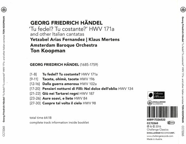 Georg Friedrich Händel – Yetzabel Arias Fernández, Klaus Mertens, The Amsterdam Baroque Orchestra, Ton Koopman : 'Tu Fedel? Tu Costante?' HWV 171a And Other Italian Cantatas (CD, Album)