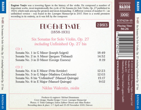 Eugène Ysaÿe : Six Sonatas For Solo Violin, Op. 27 Including Unfinished Op. 27bis (2xCD, Album)