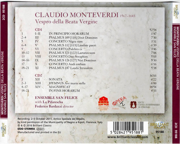 Claudio Monteverdi / Ensemble San Felice, Federico Bardazzi : Vespro Della Beata Vergine (2xCD, Album)