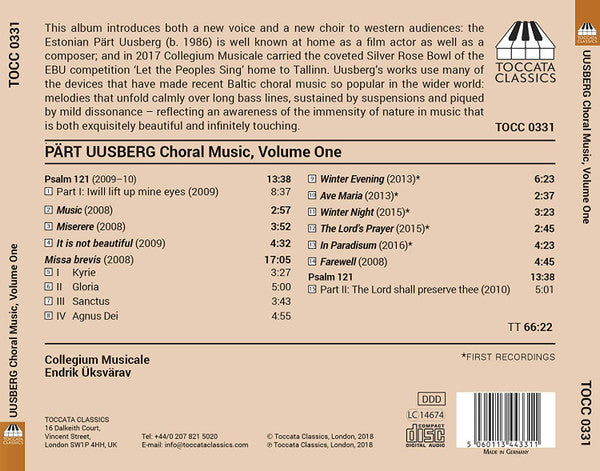 Pärt Uusberg, Collegium Musicale, Endrik Üksvärav : Choral Music, Volume One (CD, Album)