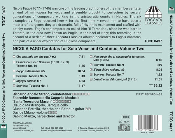Francesco Nicola Fago, Francesco Paolo Supriani, Riccardo Angelo Strano, Claudio Mastrangelo, Ensemble Barocco Della Cappella Musicale 'Santa Teresa Dei Maschi', Sabino Manzo : Cantatas For Solo Voice And Continuo, Volume Two (CD, Album)
