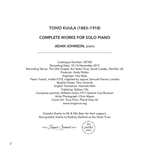 Toivo Kuula, Adam Johnson (17) : Complete Works For Solo Piano (CD, Album)