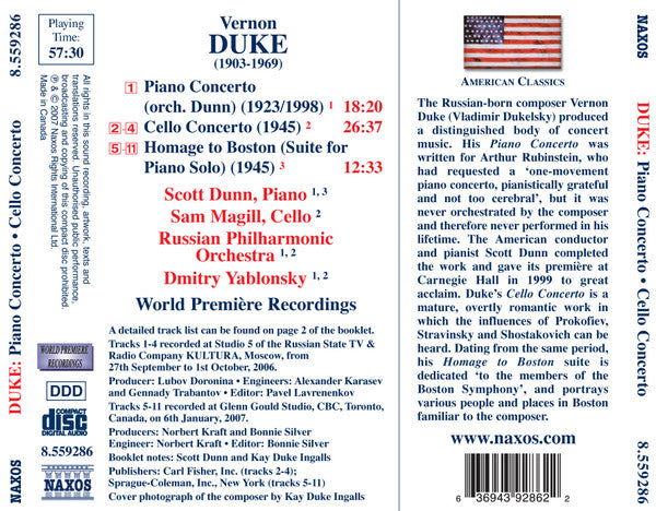 Vernon Duke, Scott Dunn, Samuel Magill, Russian Philharmonic Orchestra, Dmitry Yablonsky : Piano Concerto • Cello Concerto (CD, Album)