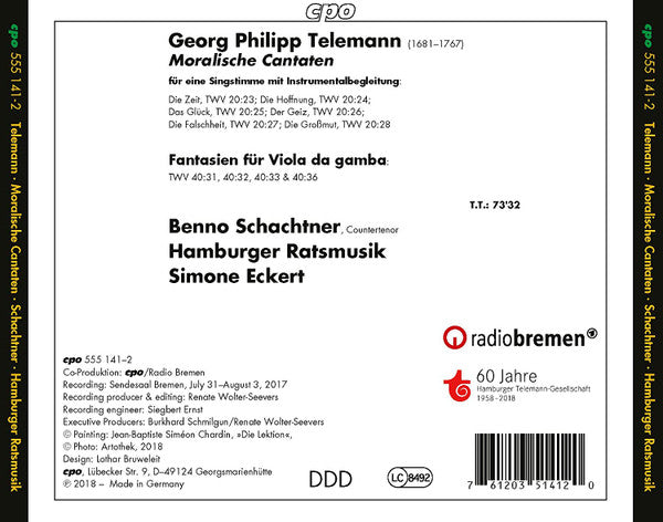 Georg Philipp Telemann - Benno Schachtner  • Hamburger Ratsmusik  • Simone Eckert : Moralische Cantaten (CD, Album)