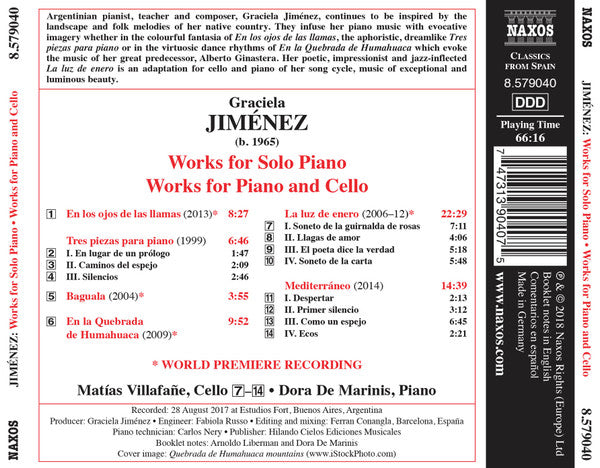 Graciela Jiménez (2) : Works For Solo Piano • Works For Piano And Cello (CD, Album)