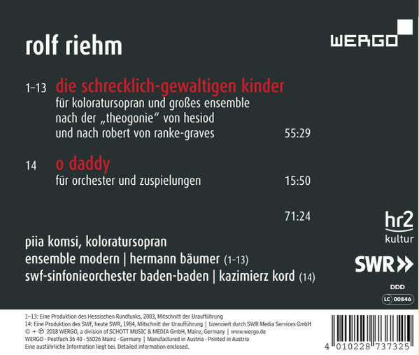 Rolf Riehm - Piia Komsi, Ensemble Modern | Hermann Bäumer, Südwestfunkorchester Baden-Baden | Kazimierz Kord : Die Schrecklich-Gewaltigen Kinder | O Daddy (CD, Album)