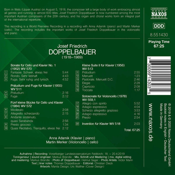 Josef Friedrich Doppelbauer, Anna Adamik, Martin Merker : Essential Works For Cello And Piano (CD, Album)