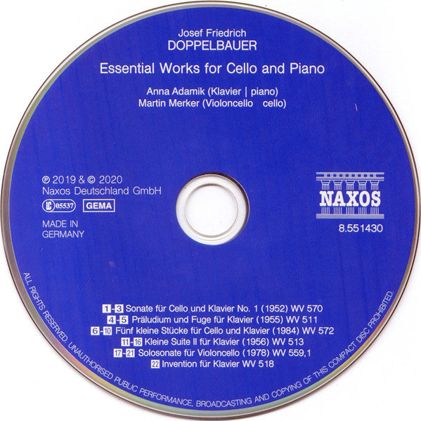Josef Friedrich Doppelbauer, Anna Adamik, Martin Merker : Essential Works For Cello And Piano (CD, Album)