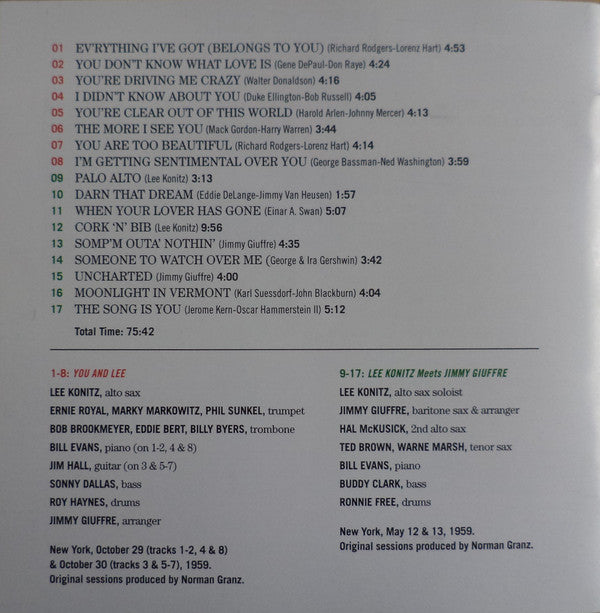 Lee Konitz & Bill Evans : You And Lee + Lee Konitz Meets Jimmy Giuffre  (CD, Album, Comp, RM)