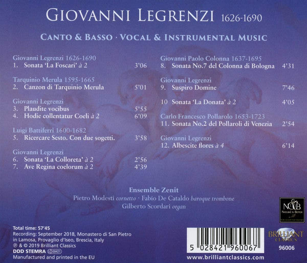 Giovanni Legrenzi, Ensemble Zenit : Canto & Basso - Vocal & Instrumental Music (CD)