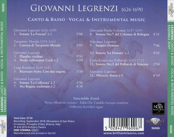 Giovanni Legrenzi, Ensemble Zenit : Canto & Basso - Vocal & Instrumental Music (CD)
