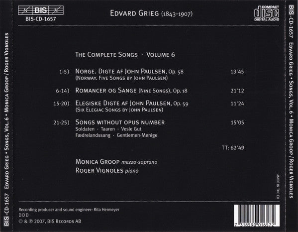 Edvard Grieg, Monica Groop, Roger Vignoles : The Complete Songs Vol. 6 (CD, Album)
