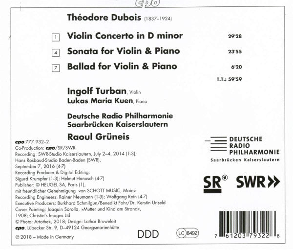 Théodore Dubois, Ingolf Turban, Deutsche Radio Philharmonie Saarbrücken Kaiserslautern, Raoul Grüneis : Violin Concerto (CD, Album)