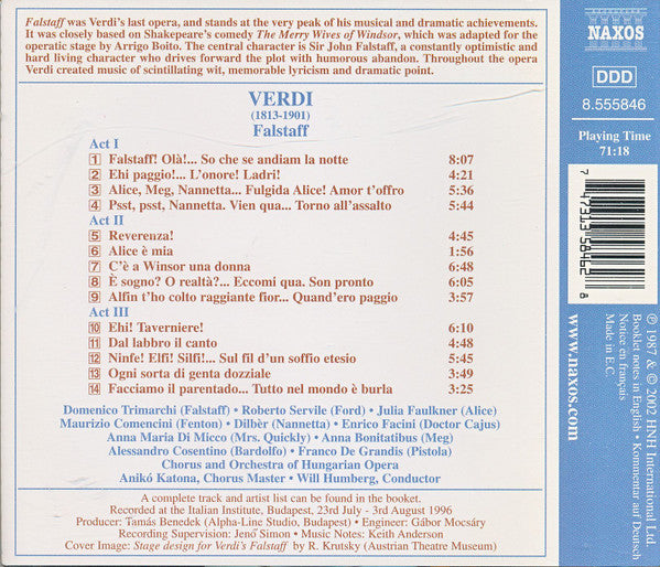 Giuseppe Verdi, Domenico Trimarchi • Roberto Servile • Julia Faulkner • Maurizio Comencini • Dilbèr • Enrico Facini • Anna Maria Di Micco • Anna Bonitatibus • Alessandro Cosentino (3) • Franco de Grandis, Hungarian State Opera Choir And Hungarian State Op : Falstaff (Highlights) (CD, Comp)